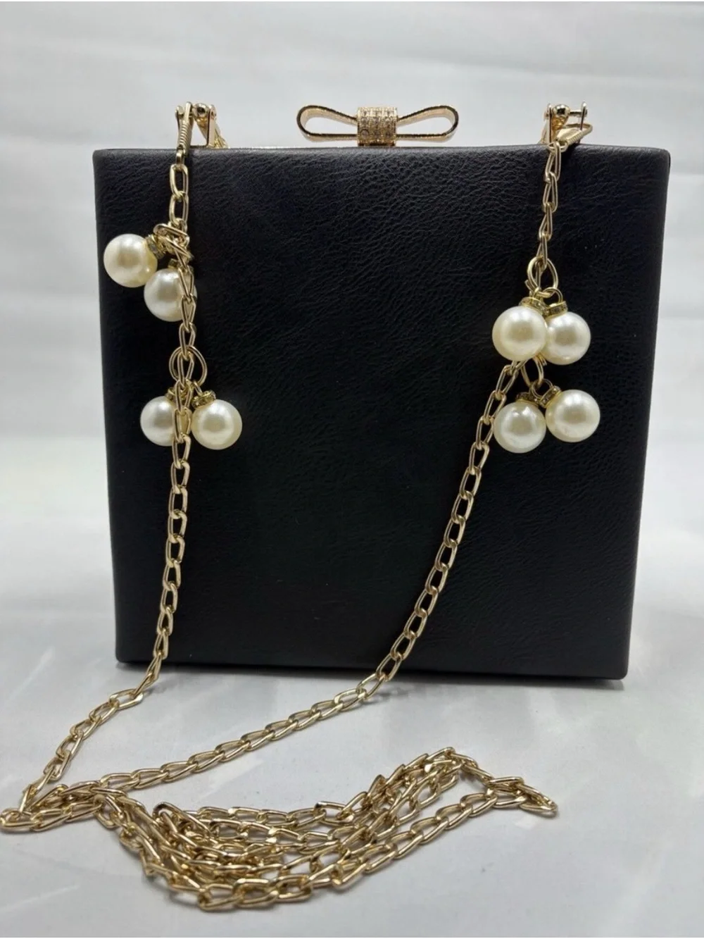 Black Box Clutch with Gold Chain and Pearl Charms